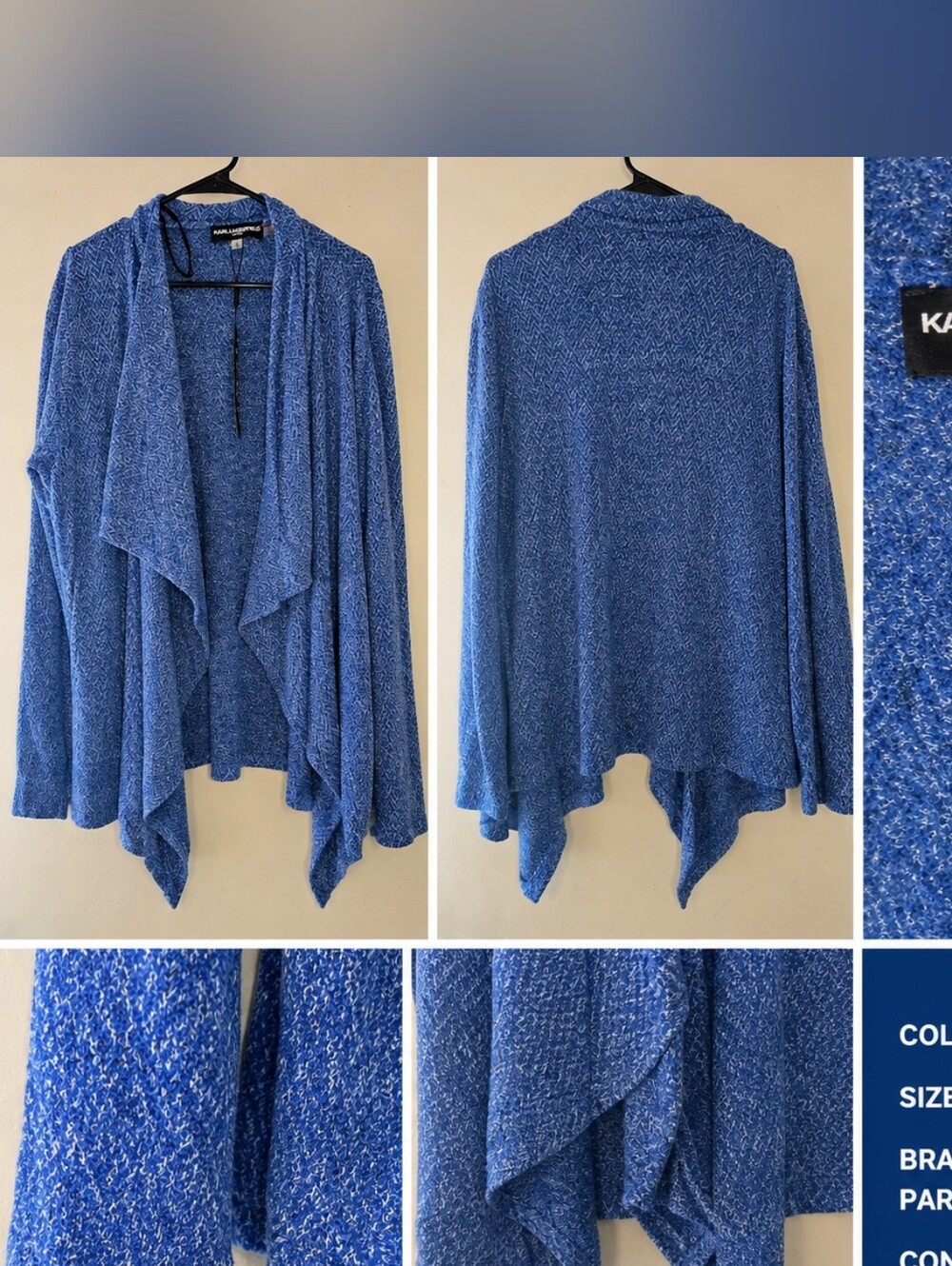 Karl Lagerfeld Blue Draped Open-Front Sweater - L